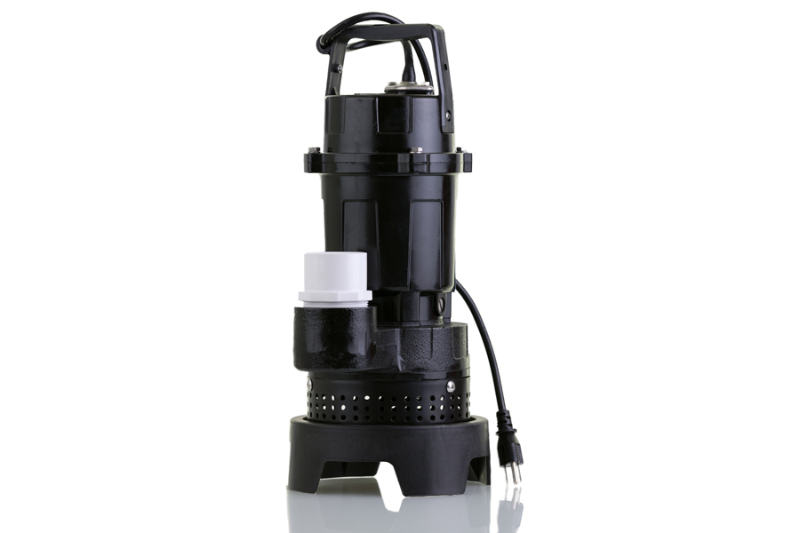 Brand new sump pump for suctioning collected ground water from a sump pit such as in a basement of a house.