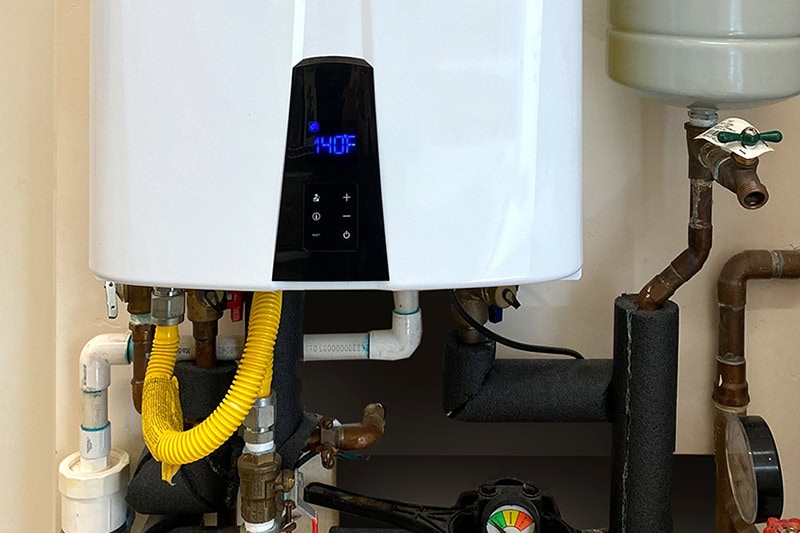 What Is a Tankless Water Heater? The bottom half of a tankless water heater.